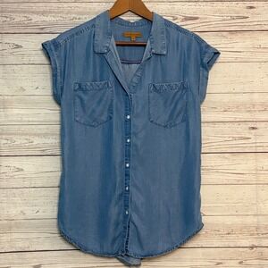 Jachs Girlfriend Womens Cap Sleeve Button Down Shirt Blue XS